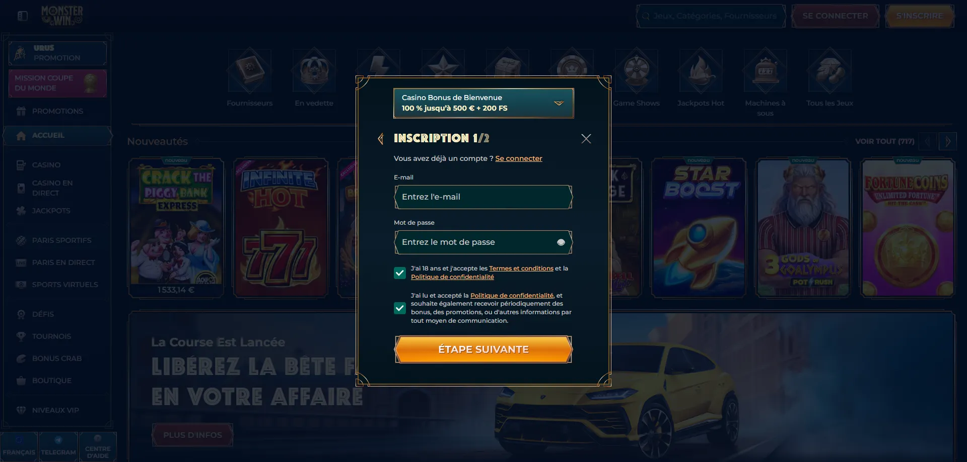 Registrazione Monsterwin casino creare account nuovo utente Italia