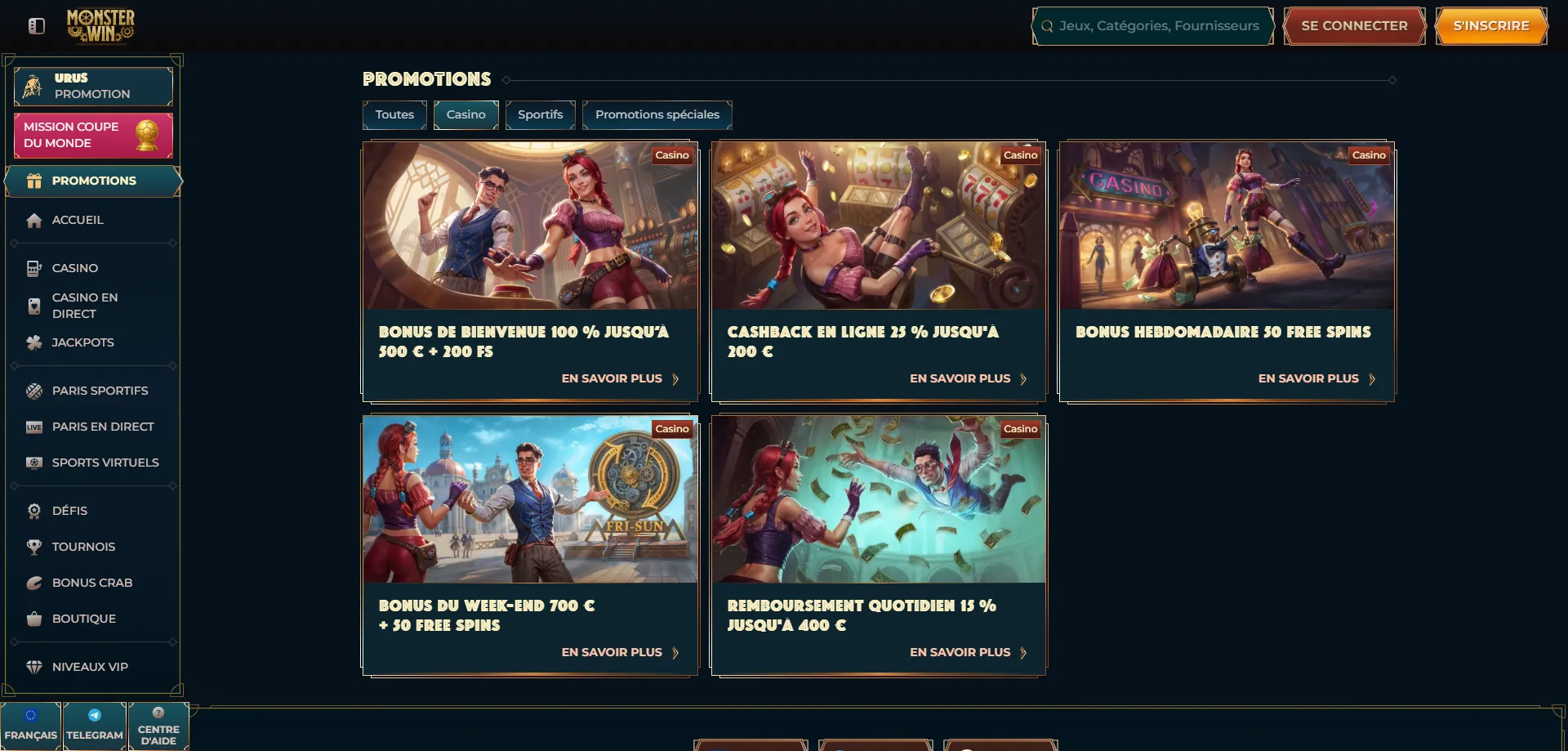 Monsterwin bonus benvenuto 100% fino a 500 euro 200 giri gratuiti